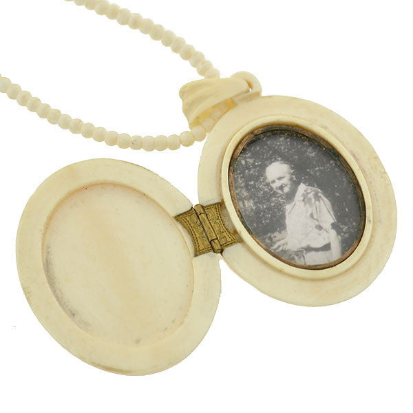 Victorian Hand Carved Ivory Locket and Bead Necklace