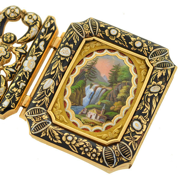 Early Large Victorian 18kt Swiss Enamel Bracelet w/Locket