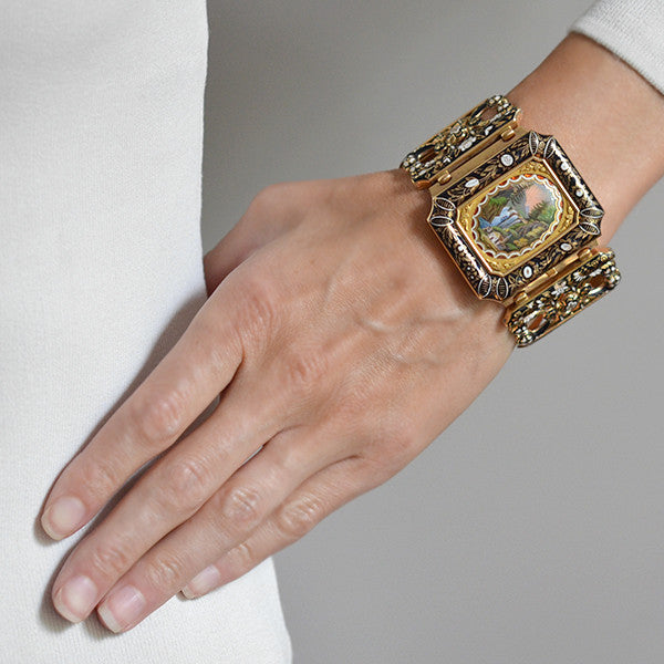 Early Large Victorian 18kt Swiss Enamel Bracelet w/Locket