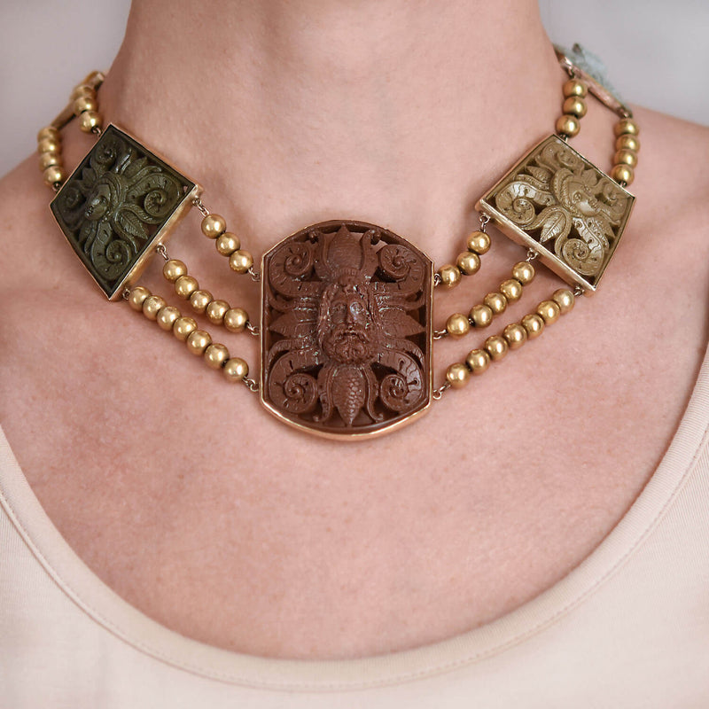 Victorian Large 14kt Hand Carved Lava Cameo Link Necklace