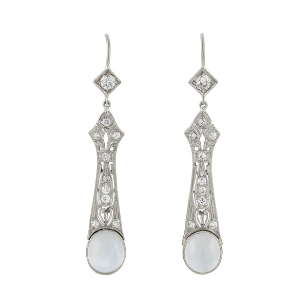 Art Deco Platinum Diamond + Moonstone Drop Earrings 1.10ctw