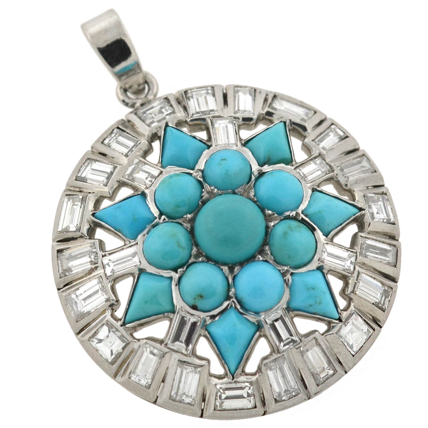 Art Deco Platinum Turquoise + Diamond Starburst Pendant 3.00ctw