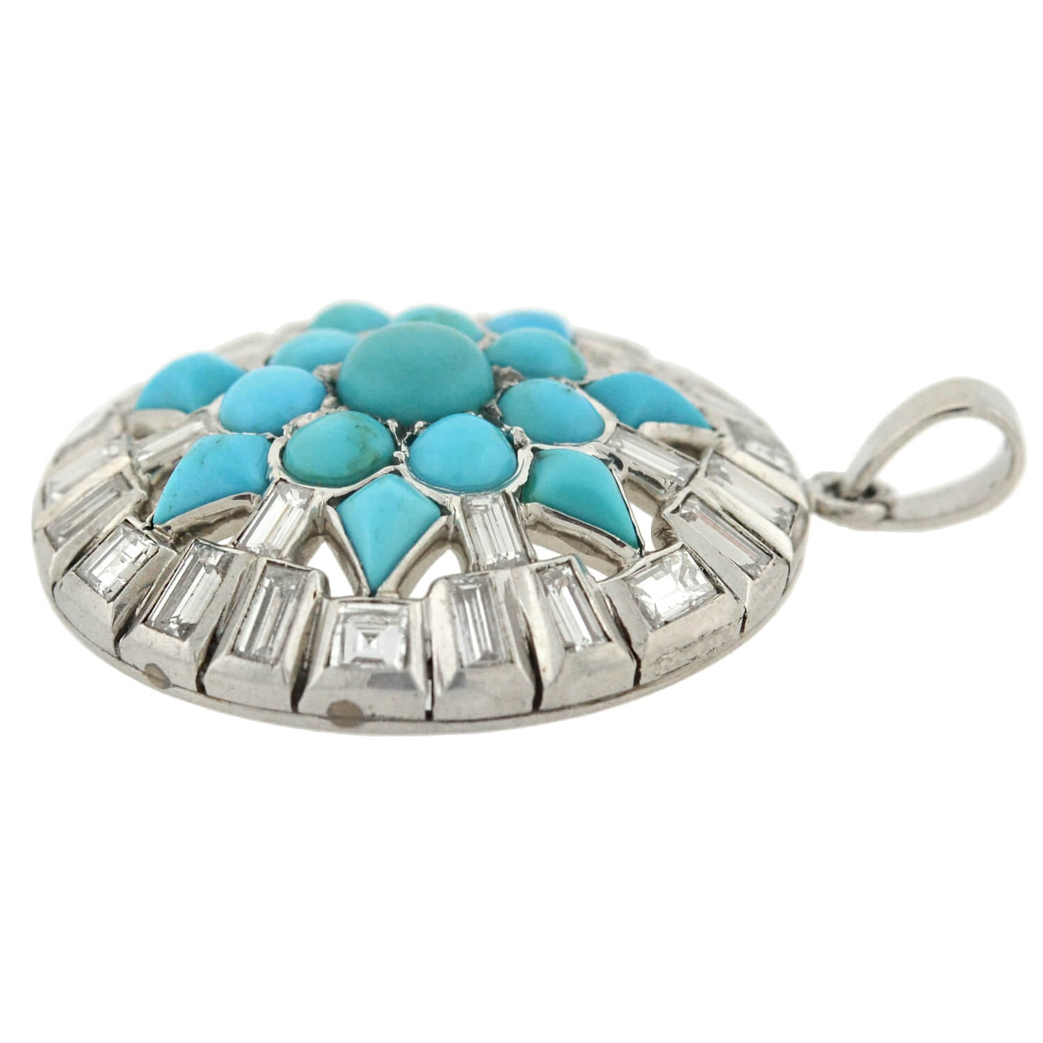 Art Deco Platinum Turquoise + Diamond Starburst Pendant 3.00ctw