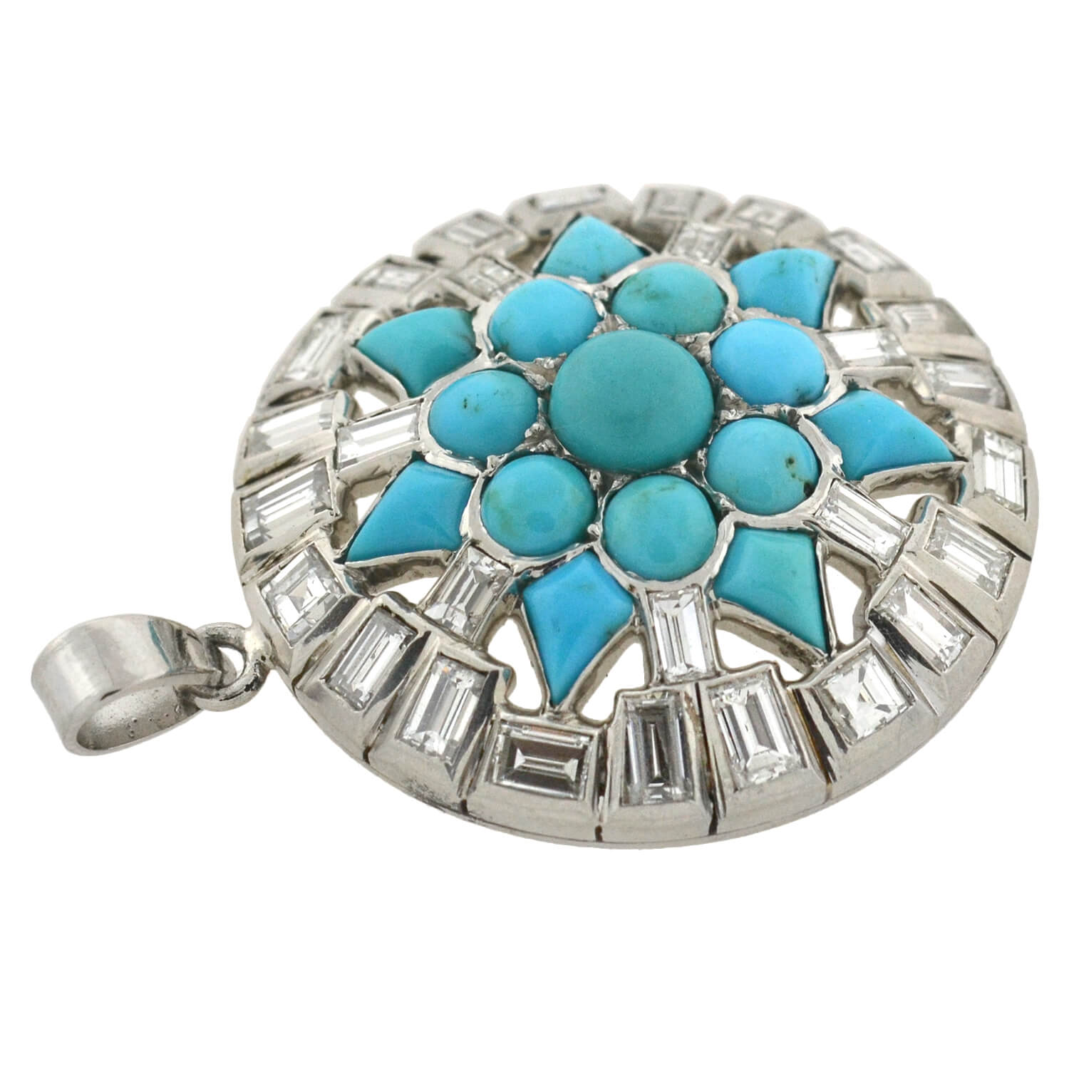 Art Deco Platinum Turquoise + Diamond Starburst Pendant 3.00ctw