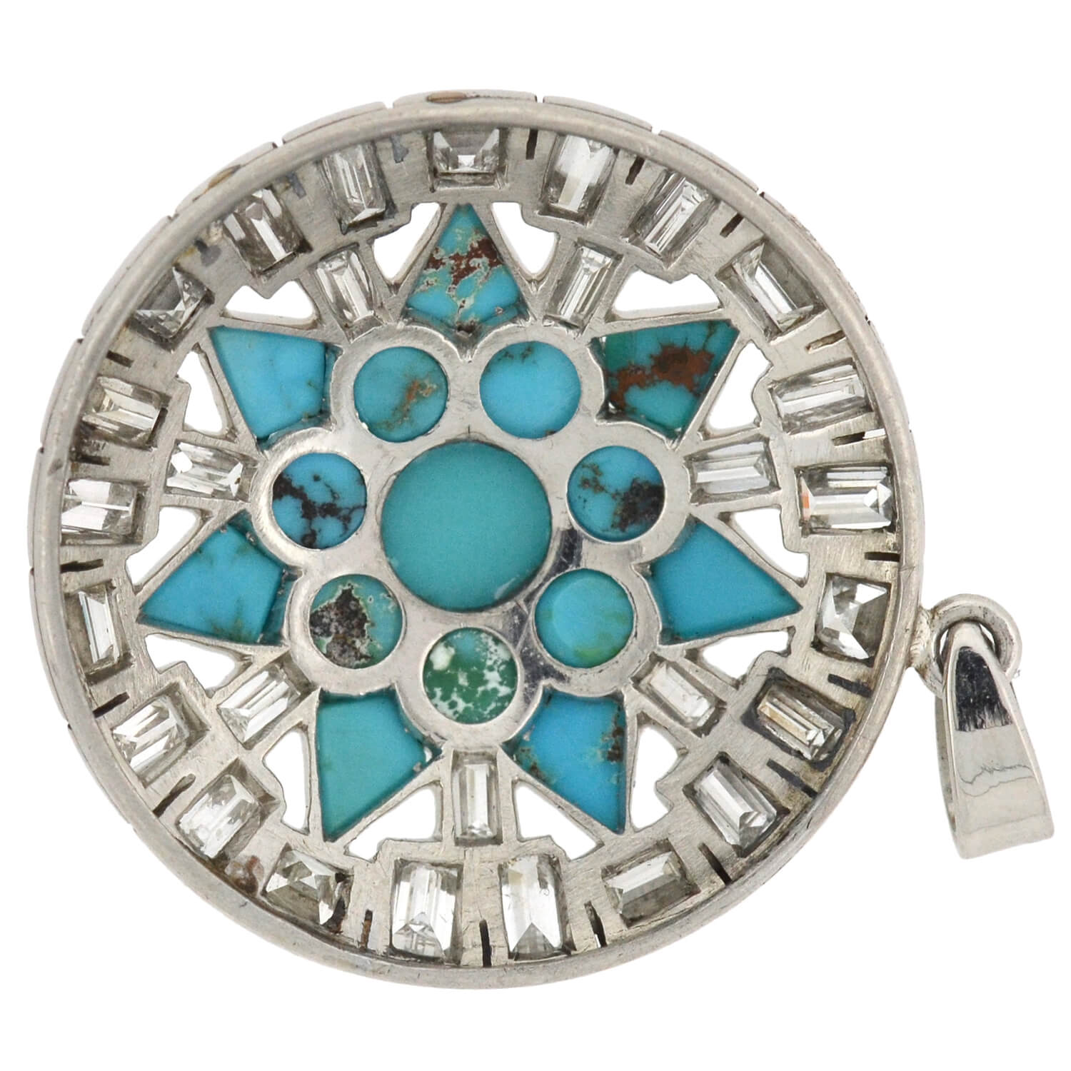 Art Deco Platinum Turquoise + Diamond Starburst Pendant 3.00ctw