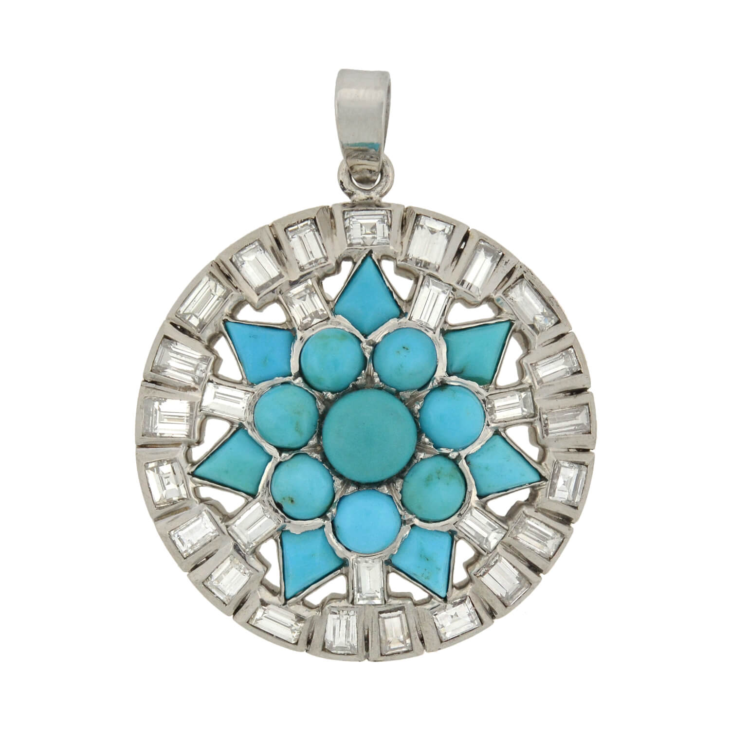 Art Deco Platinum Turquoise + Diamond Starburst Pendant 3.00ctw