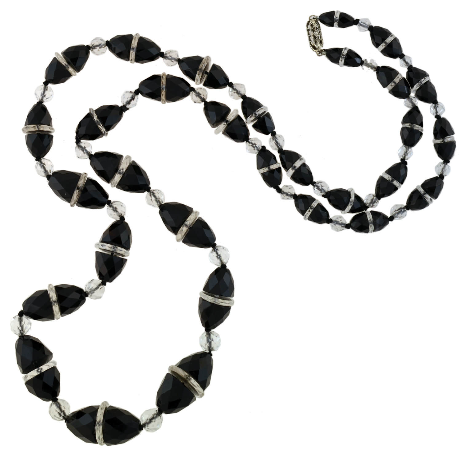 Art Deco Onyx + Rock Quartz Crystal Necklace 33"