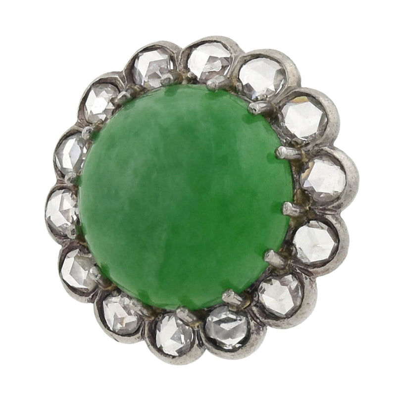 Retro Palladium Natural Untreated Jadeite Jade + Rose Cut Diamond Cluster Earrings