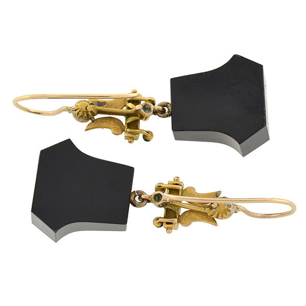 Victorian 15kt Onyx, Seed Pearl & Enamel Earrings