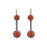 Victorian 15kt/Sterling Natural Coral + Rose Cut Diamond Earrings