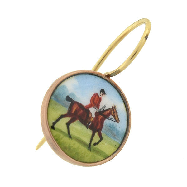 Late Victorian 9kt Painted Porcelain Equestrian Earrings