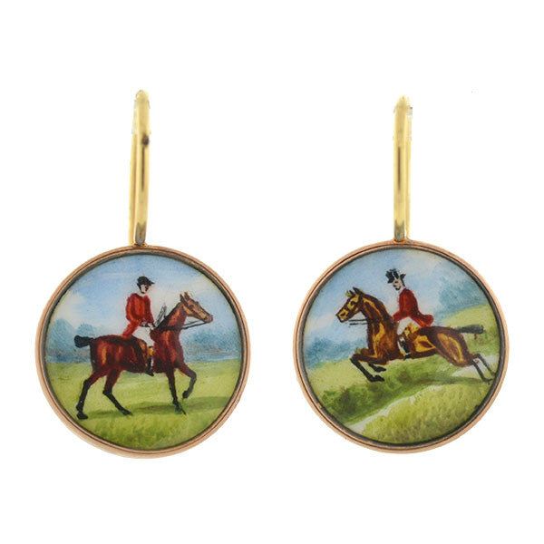 Late Victorian 9kt Painted Porcelain Equestrian Earrings