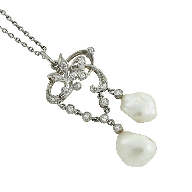 Edwardian Platinum/14kt Diamond & Pearl Lavalier Necklace