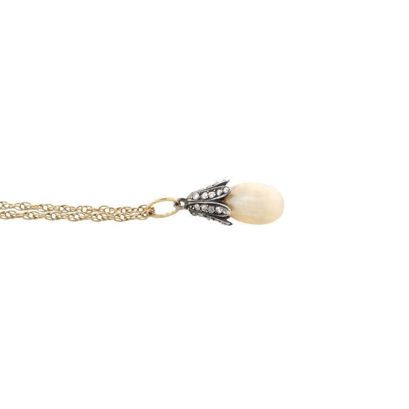Victorian 14kt/Sterling Natural Pearl + Diamond Pendant Necklace
