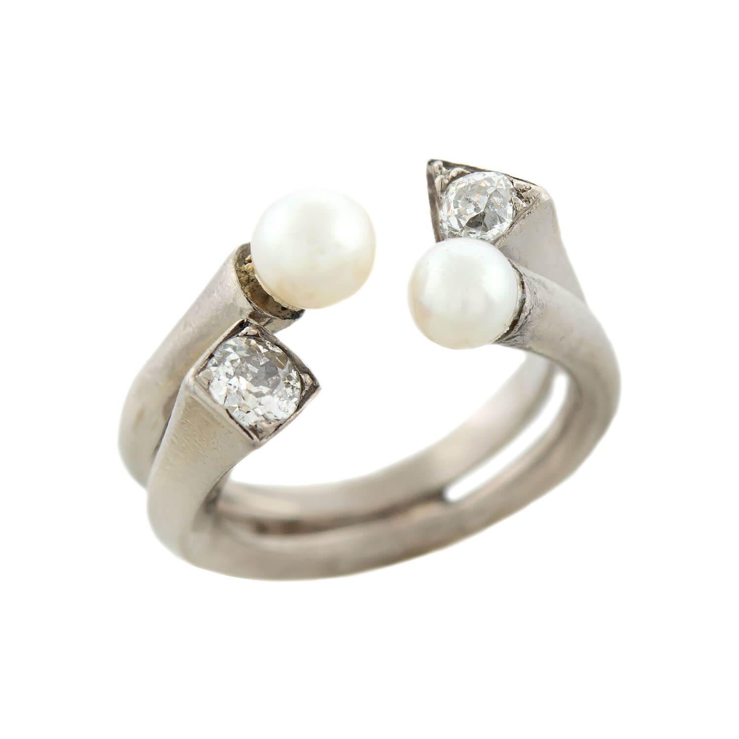 Vintage 18k Mine Cut Diamond + Cultured Pearl Arts + Crafts Ring