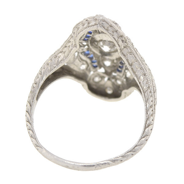 Art Deco Platinum Diamond & Sapphire Elongated Filigree Ring