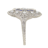 Art Deco Platinum Diamond & Sapphire Elongated Filigree Ring
