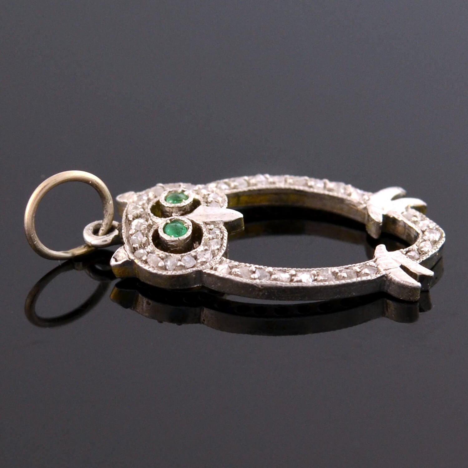 Late Art Deco Platinum Diamond + Emerald Owl Charm *CONVERTED TO PENDANT NECKLACE