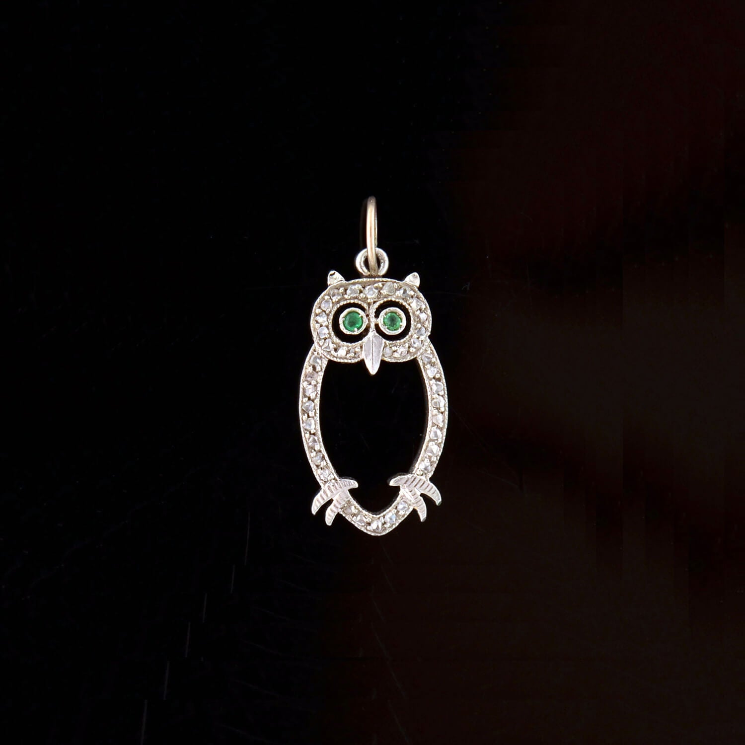 Late Art Deco Platinum Diamond + Emerald Owl Charm *CONVERTED TO PENDANT NECKLACE