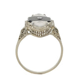 Art Deco 14kt Rock Quartz, Onyx & Diamond Filigree Navette Ring