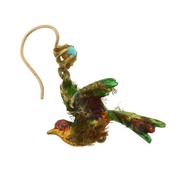 Rare Victorian 15kt Enamel & Genuine Feather Bird Earrings