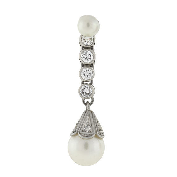 Retro 14kt Diamond & Cultured Pearl Drop Earrings