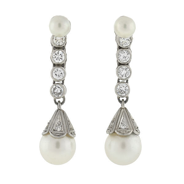 Retro 14kt Diamond & Cultured Pearl Drop Earrings