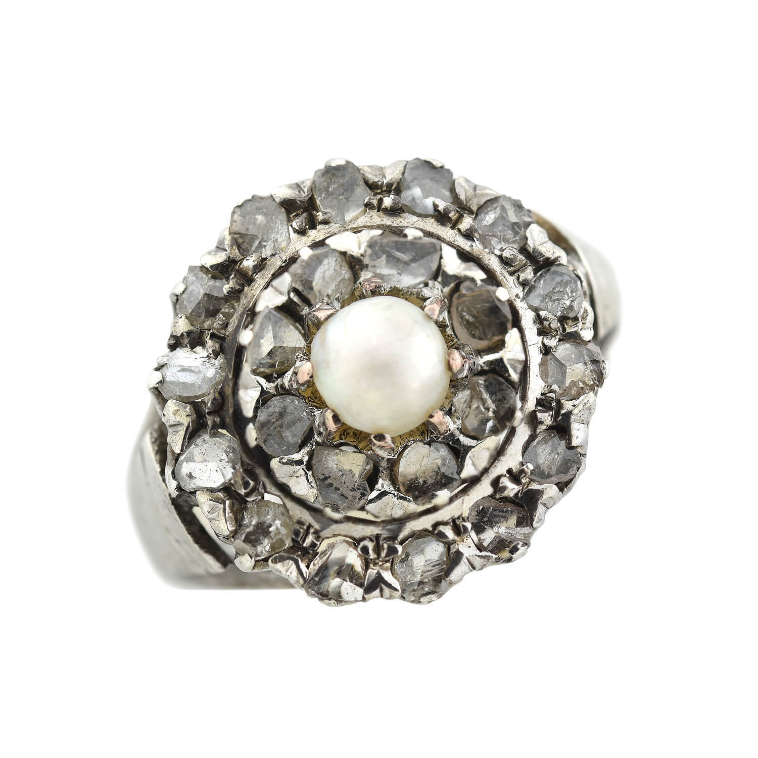 Georgian Sterling Rose Cut Diamond + Pearl Double Halo Cluster Ring