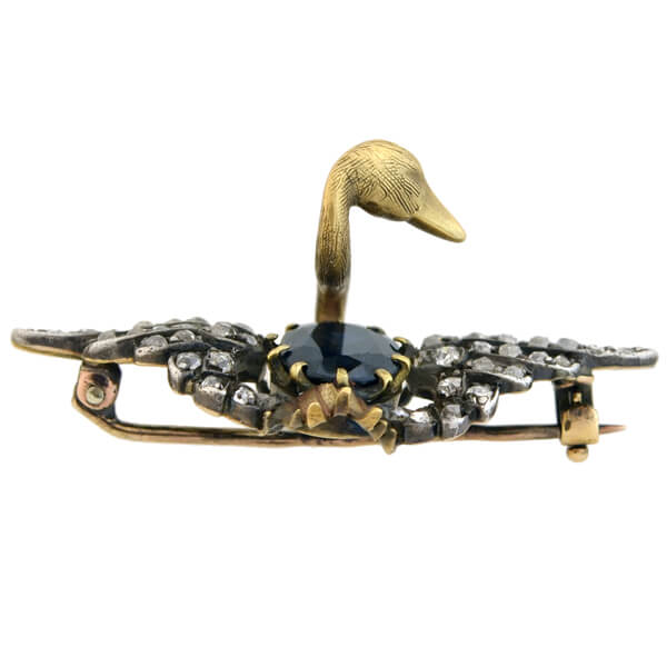 Victorian 15kt/Sterling Sapphire + Diamond Swan Pin