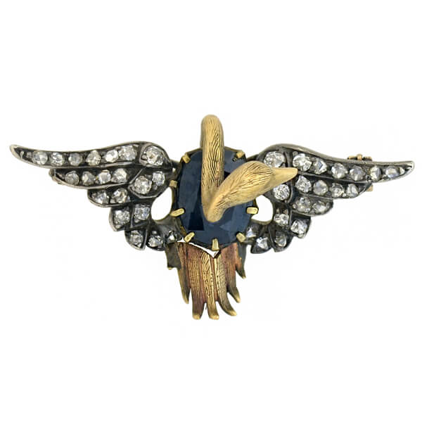 Victorian 15kt/Sterling Sapphire + Diamond Swan Pin