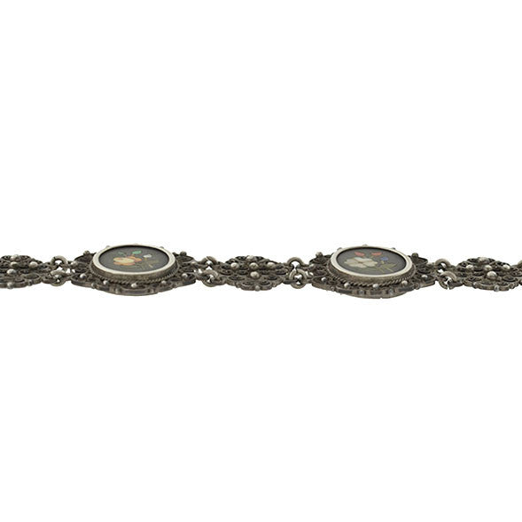 Victorian Silver Pietra Dura Floral Filigree Link Bracelet