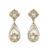 Art Deco 14kt Diamond + Starburst Filigree Teardrop Earrings