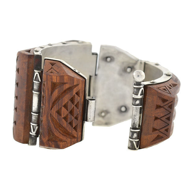 H. KLEISS Art Deco Sterling & Carved Wood Bracelet