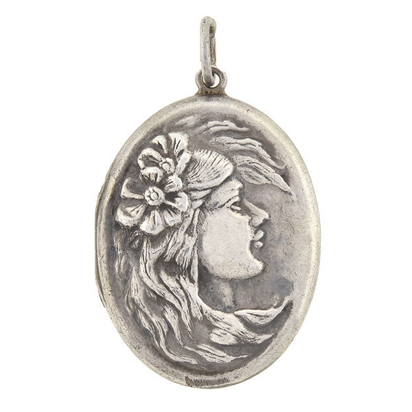 Art Nouveau Sterling Silver Repousse Woman Locket