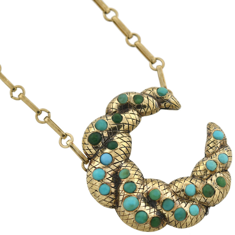 Victorian Sterling Gilt Turquoise Crescent Pendant Necklace 16"