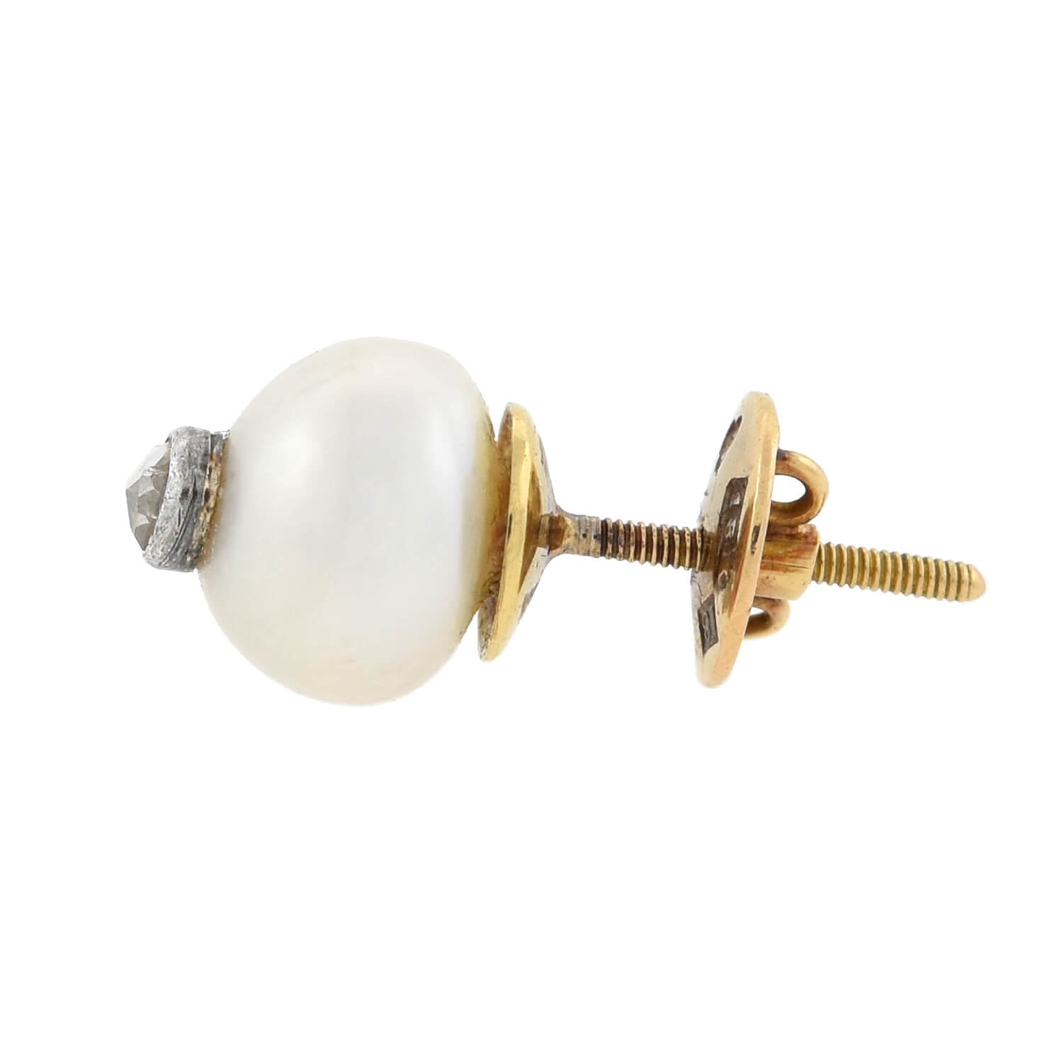 Retro 18kt/Sterling Pearl + Old Rose Cut Diamond Stud Earrings