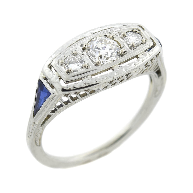 Edwardian 18kt Diamond + Sapphire 3-Stone Ring 0.50ctw.