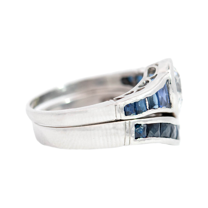 Art Deco Style Platinum Diamond + French Cut Sapphire Engagement Ring Set 1.53ct