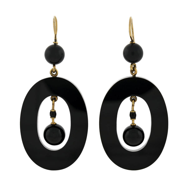 Victorian Large 14kt Carved Onyx Oval-Shaped Hoop Earrings