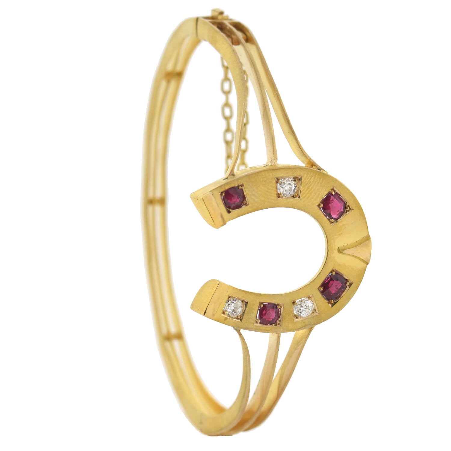 Victorian 18kt Diamond + Natural Ruby Horseshoe Bangle Bracelet