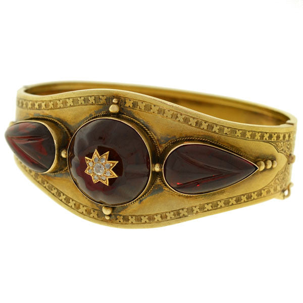 Victorian 15kt Carved Garnet Diamond Bracelet