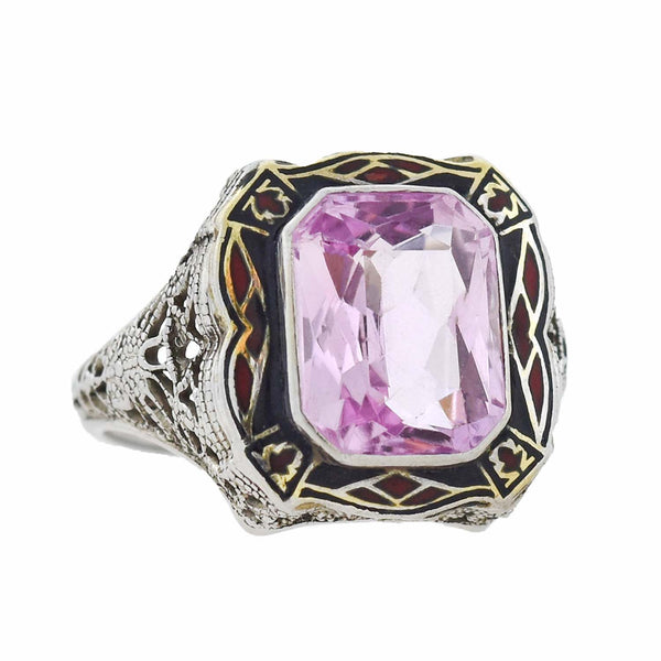 Art Deco 14kt Pink Sapphire + Enameled Filigree Ring