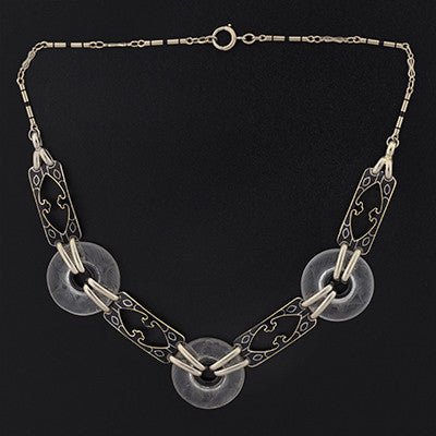 Art Deco 14kt Rock Quartz Crystal & Enamel Necklace