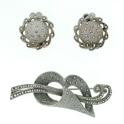 FAHRNER Vintage Sterling & Marcasite Pin & Earring Set