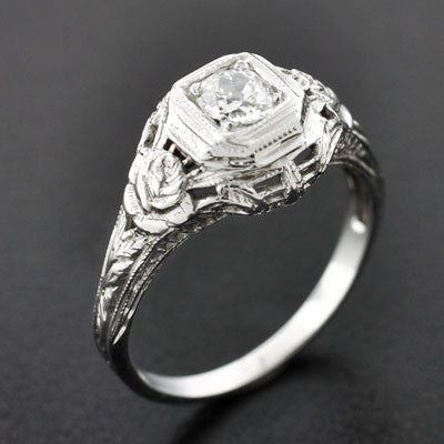 Art Deco 18kt Rose Motif Diamond Engagement Ring .35ct