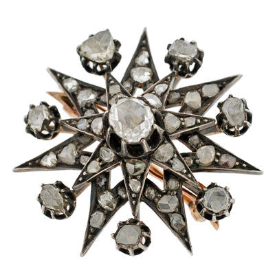 Early Victorian Silver Topped Rose Cut Diamond Starburst Pin