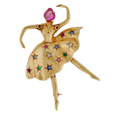 Retro 14kt Diamond Sapphire Ruby & Emerald Ballerina Pin