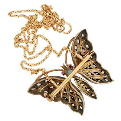 Retro Sterling & 14kt Diamond Butterfly Pendant