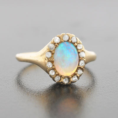 Late Victorian 14kt Opal & Rose Cut Diamond Ring