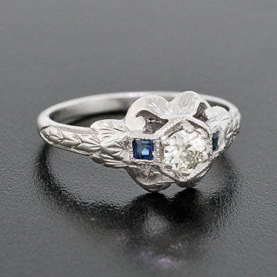 Art Deco Platinum Diamond & Sapphire Engagement Ring .24ct